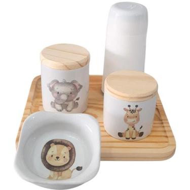 Imagem de Kit higiene bebê Safari 5 Pçs - Peças porcelana e Pinus - Genérico