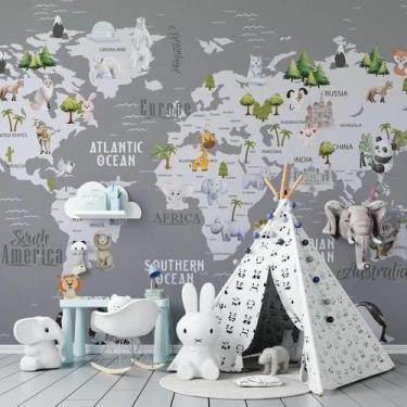 Imagem de Papel De Parede Infantil De Mapa Mundi Cinza Com Animais - AloPapers, 