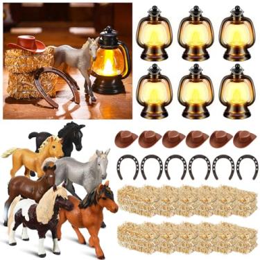 Imagem de Amyhill 36 peças de centro de mesa para festa de cavalo ocidental com estatuetas de cavalo realistas, fardos de feno, mini chapéus de cowboy, ferraduras, mini lanternas, decoração temática ocidental,