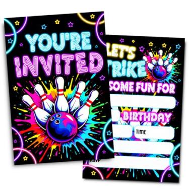 Imagem de Convites de festa de aniversário Neon Bowling, cartão de convites de festa de boliche para meninos e meninas (30 cartões e 30 envelopes)