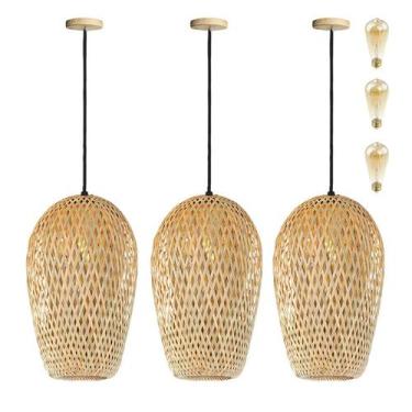 Imagem de 3 Pendente Bambu De Fibra Natural Boho Sala Nat63 + Led - Acende a Luz