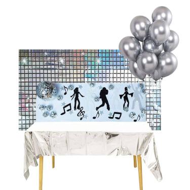 Imagem de Kit Decoração Festa Disco Anos 80: Cortina Metalizada + Painel + Mini Globos + Balões + Enfeites = 47 Produtos Temáticos