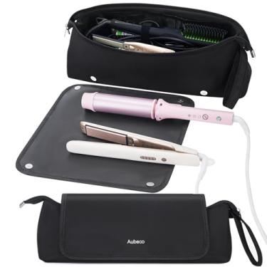 Imagem de Aubeco Bolsa de viagem para ferramentas de cabelo, tapete à prova de fogo, organizador portátil de ferramentas quentes 2 em 1 para chapinhas, varinhas de ondulação, secadores de cabelo, estojo de