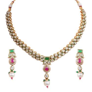 Imagem de Touchstone Conjunto de brincos de colar tradicional de zircônia cúbica com corte redondo de diamante simulado banhado a ouro antigo para mulheres joias de designer., Zircônia cúbica, Sem Pedra