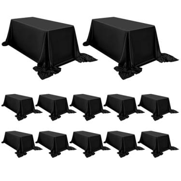 Imagem de FXKS Pacote com 12 toalhas de mesa de cetim 227 x 380 cm pretas retangulares de cetim sedoso, toalha de mesa lisa de seda brilhante, capa de mesa de seda sobreposta para festa de casamento, banquete