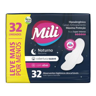 Imagem de Absorvente Noturno Mili Cobertura Suave Com Abas Pacote com 32 Unidades / Extrato Aloe Vera / Hipoalérgico