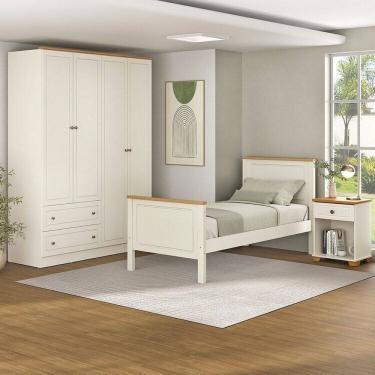 Imagem de Conjunto Cama Solteiro, Guarda-Roupa 4 Portas e 1 Mesa de Cabeceira Ananda CabeCasa MadeiraMadeira Off White/Mel