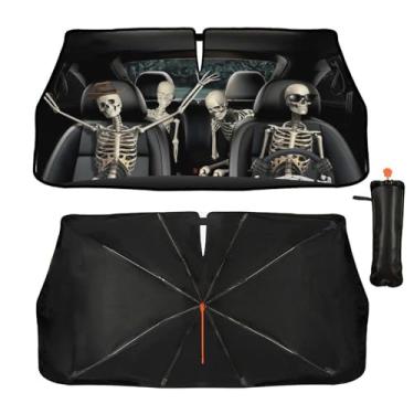 Imagem de Guarda-sol engraçado para para-brisa de carro com caveira, guarda-chuva de para-brisa dobrável, protetor solar, raios UV, calor, mantém o veículo fresco 144,8 cm x 76,2 cm