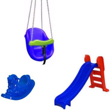 Imagem de Playground Escorregador Médio + Balanço Infantil + Gangorra Cavalinho - Azul