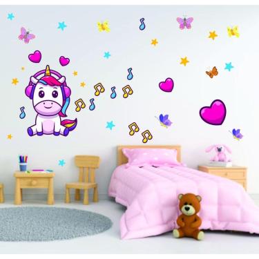 Imagem de Adesivo De Parede Infantil Menina Unicórnio E Notas Musicais