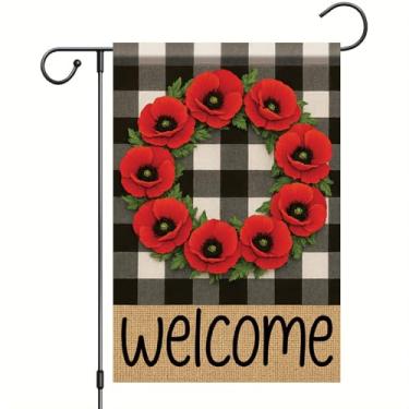 Imagem de Starlit Patio Guirlanda de boas-vindas xadrez búfalo bandeira de jardim bandeira de flor de papoula vermelha 30,5 x 45,7 cm dupla face flores tropicais decoração floral para primavera verão outono ao