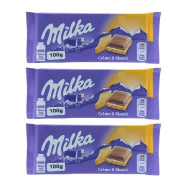 Imagem de 3 barras de chocolate milka ao leite com biscoito e creme