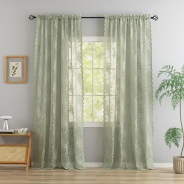 Imagem de Cortinas translúcidas verde-claro 236 cm de comprimento, cortinas de renda floral recortadas para casa de campo, bolso para varão, boho, filtragem, boho, primavera, verão, cortinas para sala de estar