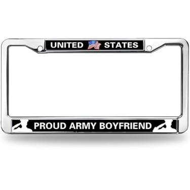 Imagem de Moldura de placa de licença de aço inoxidável Proud Army Boyfriend com 2 furos, Proud US Army Polish White Stainless Steel License Plate Frame with Screw Caps Sets