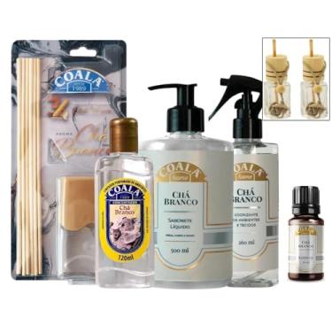 Imagem de Kit Aromas Completo(5 itens) + 2 Mini Difusores, 1 Coala Chá Branco Difusor de Aromas 100ml, 1 Limpador Perfumado 120ml, 1 Sabonete Líquido 500ml, 1 Odorizante Spray 260ml, 1 Essência 10ml