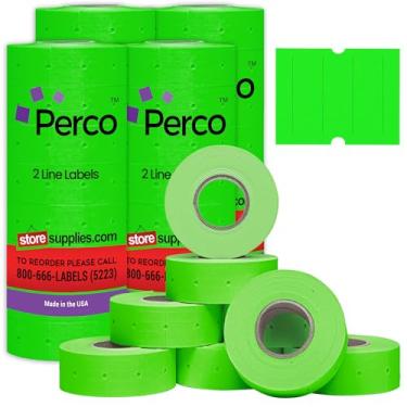 Imagem de Perco Etiquetas verdes fluorescentes de 2 linhas - 4 mangas, 32 rolos, 32.000 etiquetas de preço em branco para pistolas Perco 2 Line Price e Date Guns