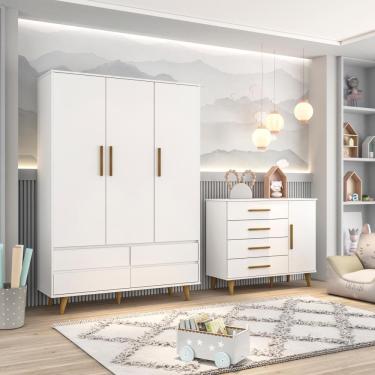 Imagem de Quarto De Bebê Roupeiro 3 Porta Com Gavetas Cômoda Branco