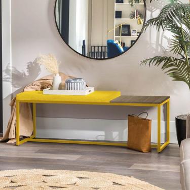 Imagem de Banco Recamier Puff 140cm Industrial Dourado Corino Amarelo Tampo Quadrado Mdf Imbuia