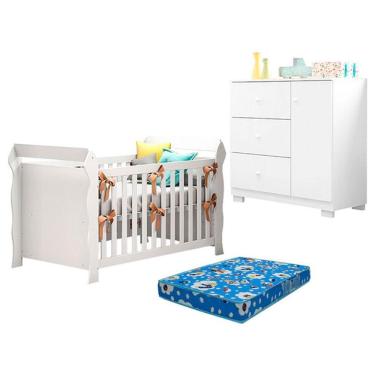 Imagem de Conjunto Berço Americano Lara e Cômoda Infantil Duda em MDF e MDP com Colchão Incluso Branco Brilho