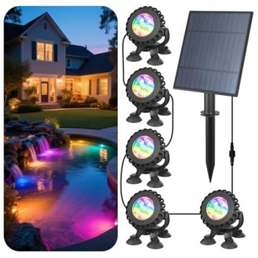 Imagem de T-SUN Luzes solares para lago, luzes solares subaquáticas RGB 5 em 1, luz submersível à prova d'água IP68 para lago, jardim, pátio, fonte, piscina, cachoeira, iluminação de paisagem externa