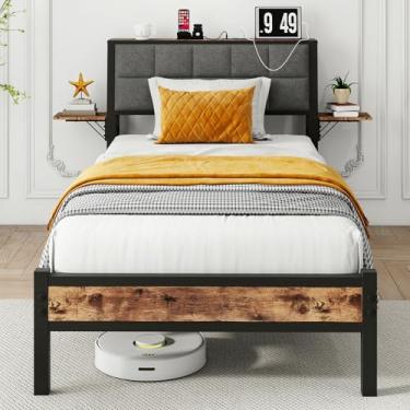 Imagem de JUISSANO Estruturas de cama de solteiro com cabeceira de armazenamento, estação de carregamento, estrutura de cama de solteiro com cabeceira estofada e prateleira de cabeceira, ripas de metal