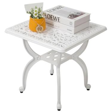 Imagem de KAILI Mesa lateral de alumínio fundido para ambientes externos, quintal, piscina, interior, fácil manutenção e resistente ao clima, mesa de centro para varanda, mesa de bistrô (branco 18,5 quadrado)