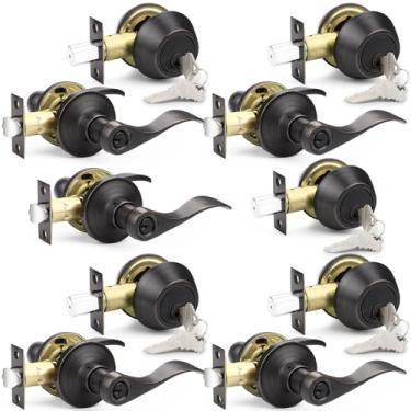 Imagem de Probrico Conjunto de fechadura de porta externa bronze externo de maçaneta da porta frontal, conjunto de maçanetas de fechadura de cilindro duplo, pacote com 5