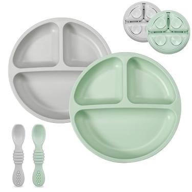 Imagem de PandaEar Conjunto De Alimentação Silicone Para Bebês | Pacote Com 2 Pratos Sucção Divididos Colheres, Utensílios Desmame Led (Verde/Cinza)