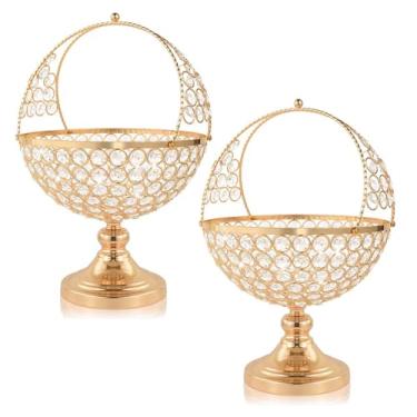 Imagem de kehail Suporte de tigela de doces de cristal, suporte decorativo de fruteira, enfeite de cesta de flores, decoração de casa, para exibir frutas ou flores artificiais, centro de mesa (ouro, 2 peças)