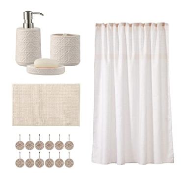 Imagem de Motifeur Conjunto De Acessórios Para Banheiro Motifeur, Completo Banho Com Dispensador Loção/Bomba Sabão, Saboneteira E Suporte Escova Dentes, Tapete, Cortina Chuveiro 12 Ganchos (Padrão Em Relevo,