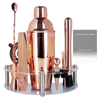 Imagem de KCJLHGT Conjunto De Coqueteleira Com Suporte, Kit Barman: Utensílios Bar, Misturador Bebidas Inclui Martini, Coador, Dosador, Colher Para Misturar Bebidas, Socador, Rolha Garrafa (Ouro Rosa)