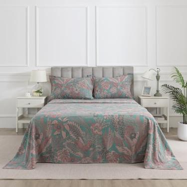 Imagem de Puralens Jogo de lençol casal floral marrom com folhas de bananeira, jardim tropical, moderno, macio, verde pálido, 100% algodão lavado, camada dupla, musselina, lençol com elástico, 4 peças
