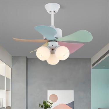 Imagem de OUFULA Ventilador de cor nórdica moderna LED Fashion Criatividade Sala de Estar Restaurante Quarto Infantil Remoto Teto Fan Light (Estilo M)