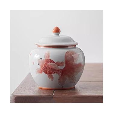 Imagem de Lata de chá Vasilhas de chá Koi pintadas à mão sob o vidrado Frasco de vedação de cor Grandes vasilhas vazias chinesas multifuncionais para uso doméstico Caixa de chá(Red,Pequeno)