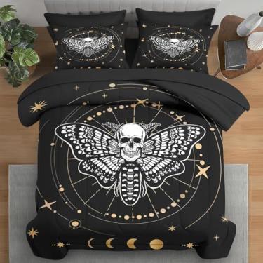 Imagem de Pamnest Jogo de cama solteiro, solteiro, mariposa, sol morto, lua, 5 peças, para adultos, lençol com elástico, fronha e fronha para decoração de quarto
