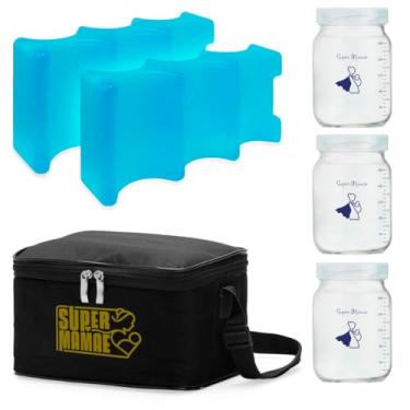 Imagem de Bolsa Térmica com 2 Gelos Artificiais e 3 potes de vidro com graduação 200ml Preta Super Mamãe