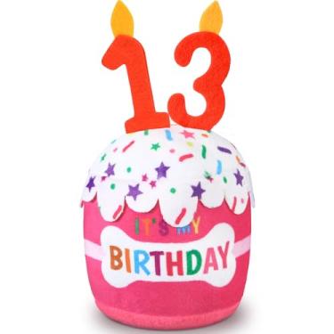 Imagem de Dansydaisy Acessórios de brinquedo de bolo de aniversário de 13 anos para meninas e meninos, brinquedo de pelúcia rosa para decoração de festa de aniversário para cães grandes, médios e pequenos
