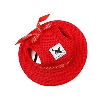Imagem de BBEART Boné para animais de estimação, chapéu redondo de lona de lona para cães, chapéu de princesa de beisebol, alça ajustável para queixo ajustável, viseira de proteção solar para cachorrinho (M, vermelho)