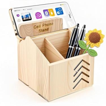 Imagem de Suporte de caneta de madeira, porta-lápis, organizador de mesa de escritório com 12 cm de altura, estojo multifuncional e base de telefone para escritório em casa, organizador de mesa de madeira com