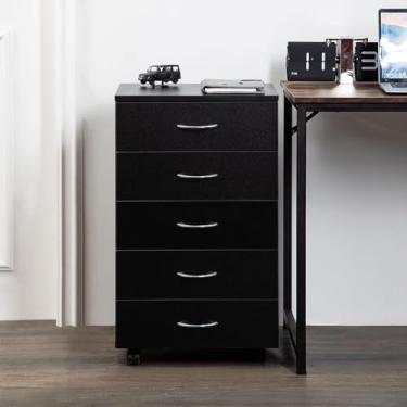 Imagem de Cômoda Preta Moderna Com 5 Gavetas Espaçosas Alças De Metal E 4 Rodas Armário De Armazenamento De Quarto De Madeira, Black