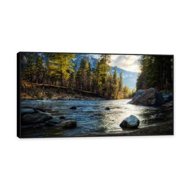 Imagem de NHLDZYH Moldura preta. Arte de parede de montanha, arte em tela de floresta, pintura de parede decorativa da natureza para sala de estar, quarto, escritório em casa. (Forest Stream Blue Sky 14). 70 x