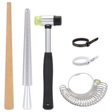 Imagem de BENECREAT 6 peças de ferramentas de medição de tamanho de anel, incluindo medidor de tamanho de anel, mandril de anel, bastão de polimento de madeira e martelo de joias, kit de medição de tamanho de