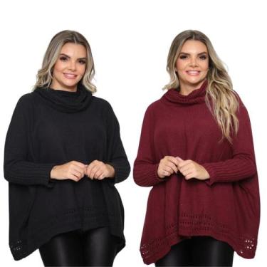 Imagem de Kit 2 Poncho Feminino Tricot Mousse Liso Gola Alta Casaco Lã - Rosilen