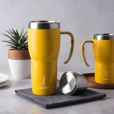 Imagem de Caneca Térmica Parede Dupla em Aço Inox Amarela 750ml com Tampa Flip - Estilo Casual