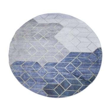 Imagem de Tapete Redondo Premium em Veludo Cristal, Design Geométrico Azul e Cinza, 160cm de Diâmetro