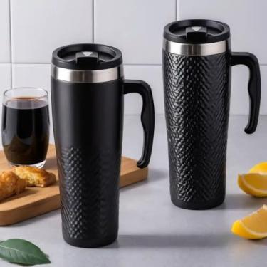 Imagem de Caneca Térmica Parede Dupla em Aço Inox Preta 750ml com Tampa Flip - Estilo Texturizado