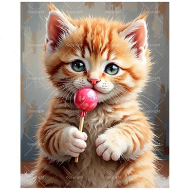 Imagem de Kit de pintura animal por números para adultos – DIY gatinho fofo segurando pirulito rosa em tela 40,6 x 50,8 cm, conjunto de tinta acrílica, adequado para iniciantes, arte para decoração de casa ou