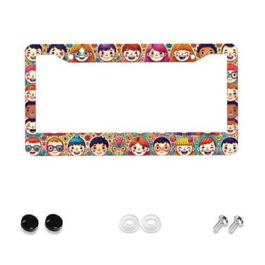 Imagem de GUWEI Molduras de placa de carro design vibrante preenchido com uma variedade de rostos de desenho animado suporte de placa de carro capa de carro acessório decoração com 2 furos parafusos para homens