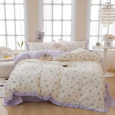 Imagem de HighBuy Jogo de cama Queen com babados, boêmio, chique, flor roxa, coquete, cottagecore, renda estética, edredom com 2 fronhas, para mulheres e meninas, conjunto de edredom fofo e aconchegante com