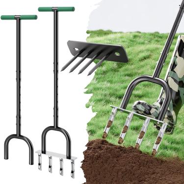 Imagem de GENNICCI Aerador de gramado, aerador de núcleo, ferramenta de gramado e aerador de ponta de gramado, aerador manual, aerador de grama com alça em T ajustável, ferramenta de jardim para resolver
